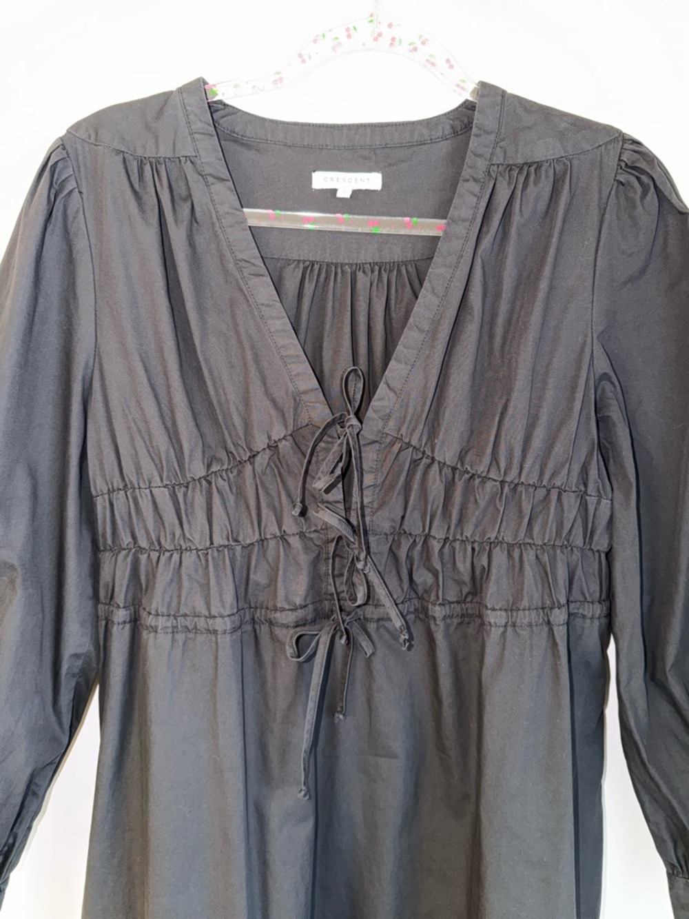 Crescent Black Cotton Maxi Dress Large Long Sleeve Drawstring Waist - Picture 3 of 10